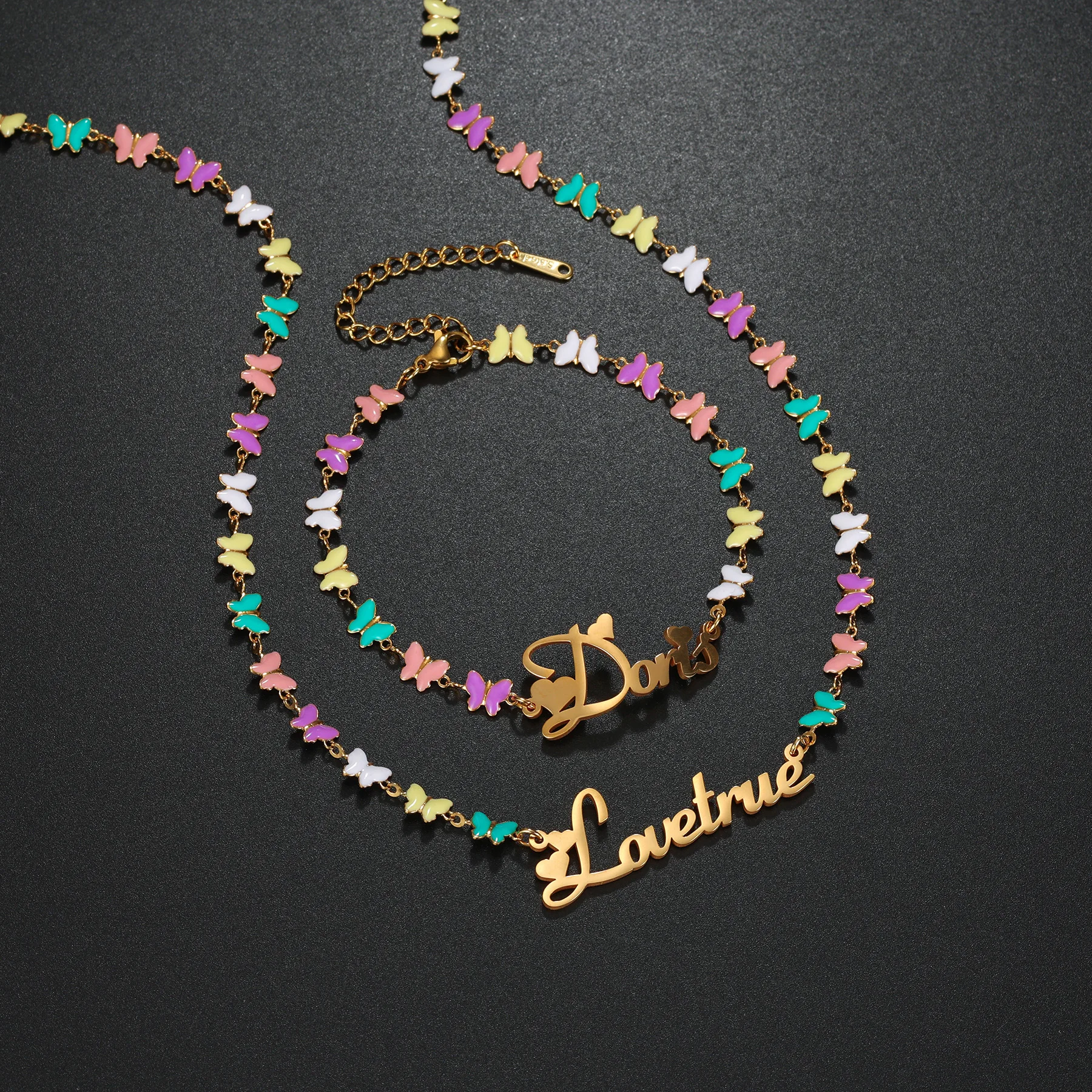 Atoztide Custom Name Necklace Bracelet Jewelry Set with Color Oil Butterfly Chain Stainless Steel Personalized Birthday Gift view 3