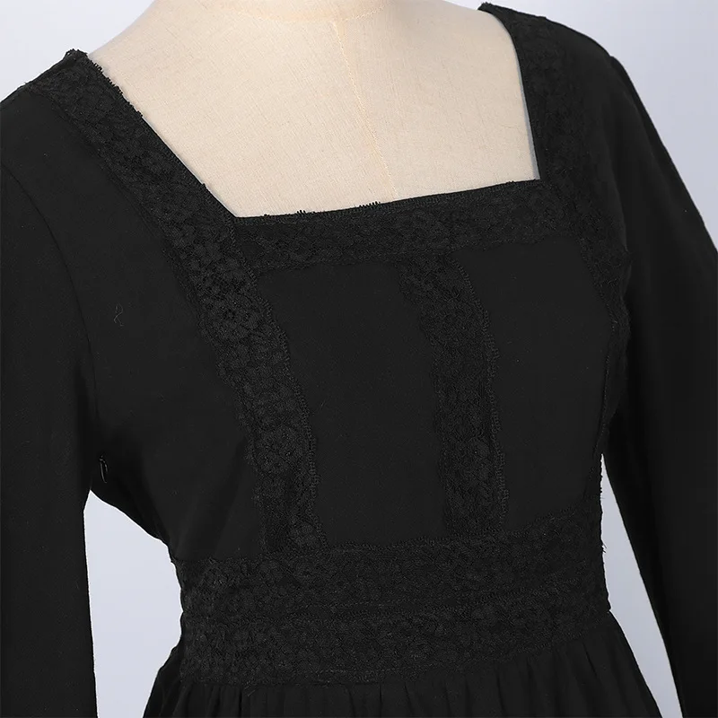 2025 New Beige Halloween/Christmas Square Neck Lace Trim Bell Sleeve Dress for Women, Halloween/Christmas COS Costumes Long Sirt - Image 6