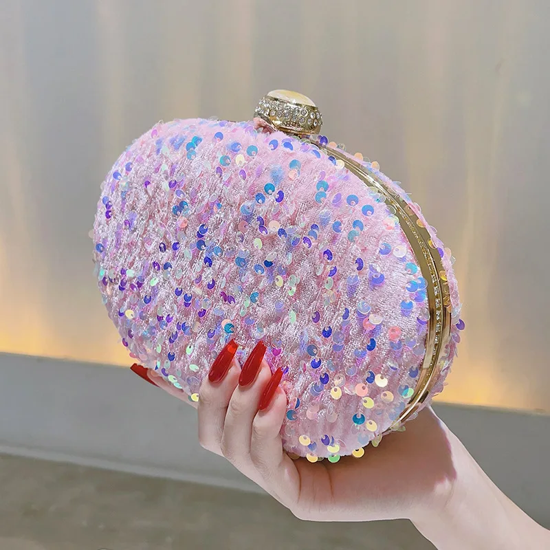 Pink Sequin Beaded Evening Clutch Bag for Women, Elegant Handheld Purse for Wedding Party Prom, Shiny Embroidered Formal Handbag