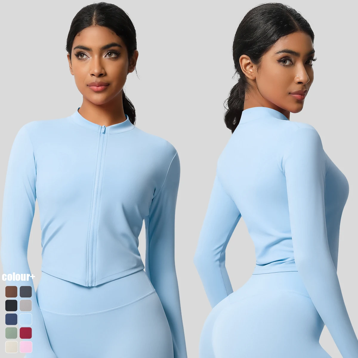 Women Outdoor Sports Long Sleeved Slim Yoga Suit Zipper Cardigan Stand Up Collar Clothes Quick Dry Running Fitness Jacket Top