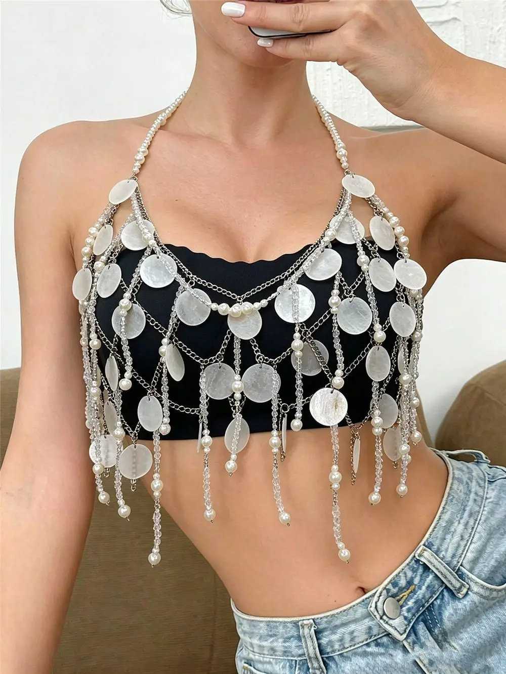Hot Selling Sexy Hanging Neck Hollow Bead Short Top With Metal Chain, Heavy-Duty Production Of Spicy Girl Bar Dance Chest Chain