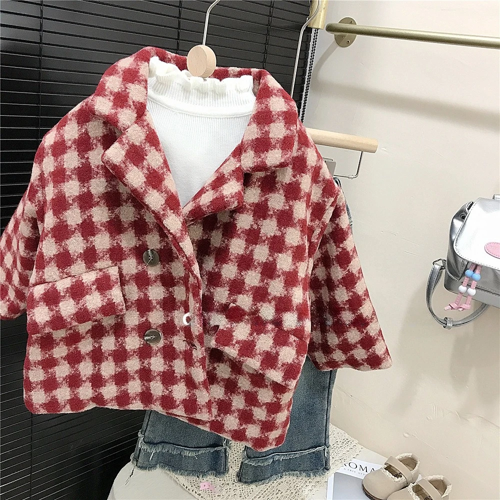 Autumn and winter new girls super foreign temperament tweed plaid medium-length jacket princess tweed coat children