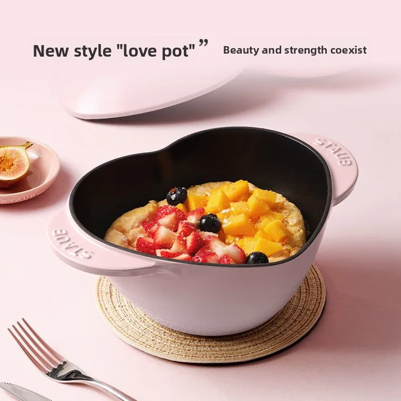 Enameled Cast Iron Heart Shaped Dutch Oven 20cm, Romantic Pot for Mousse, Rose, Dessert, Stew, Valentine's Day, Home Kitchen