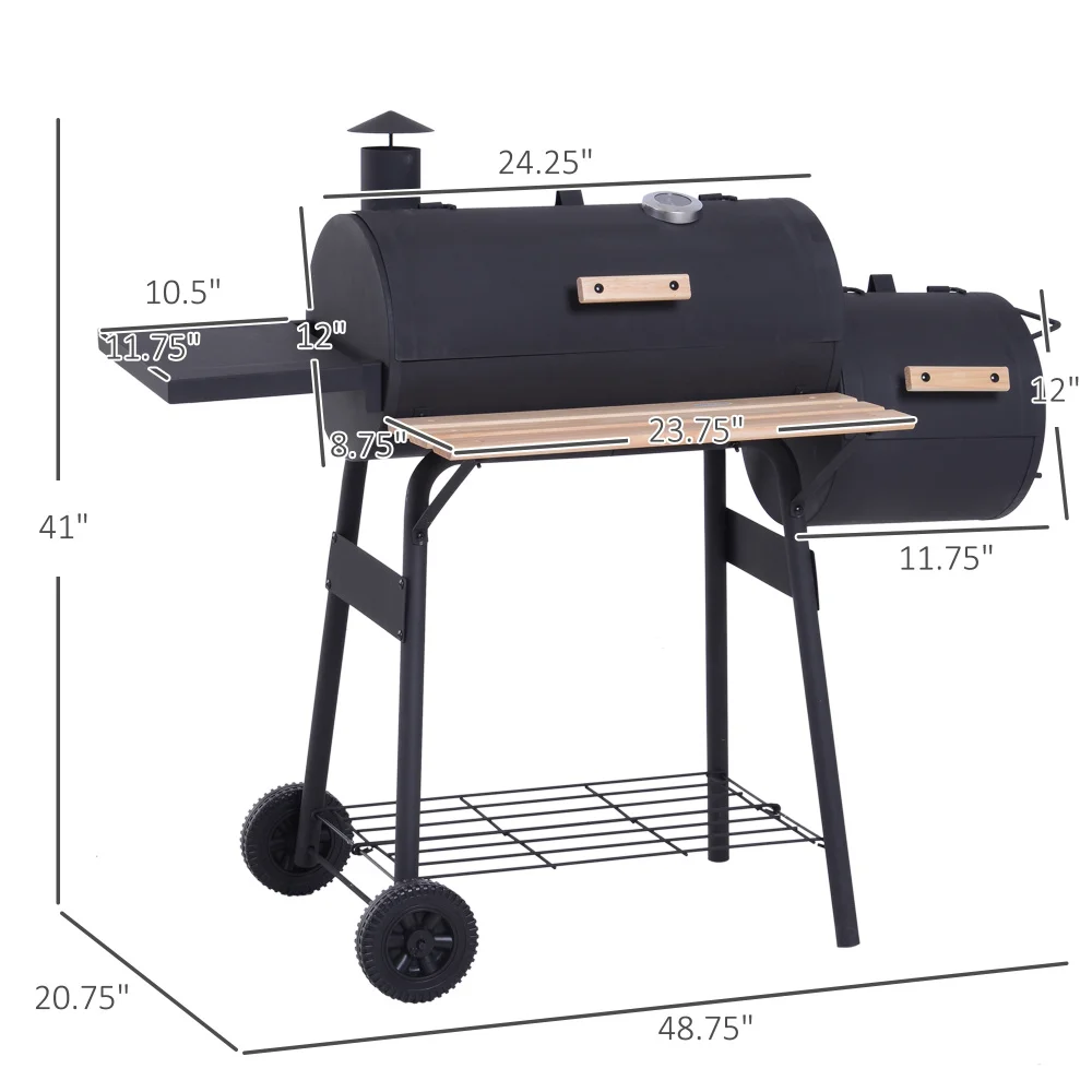 Outsunny Griglia per barbecue a carbone portatile da cortile da 48 pollici in acciaio attrezzato e affumicatore offset combinato con ruote Ideale per cucinare sul posto