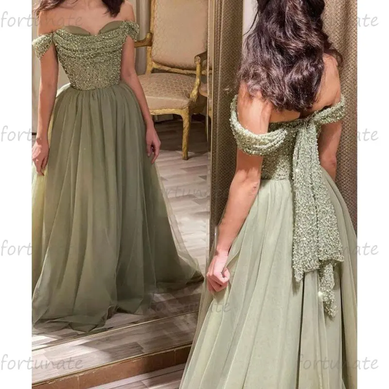 Eleganti abiti da ritorno a casa Sweetheart Off The Shoulder Tulle verde lungo Glitter paillettes perline abito da ballo formale per la laurea