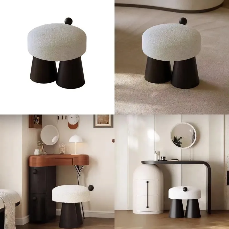 Modern Cream Solid Wood Dresser Lightweight Luxury High End Bedroom Entrance Hallway Lamb Makeup Shoe Changing Stool