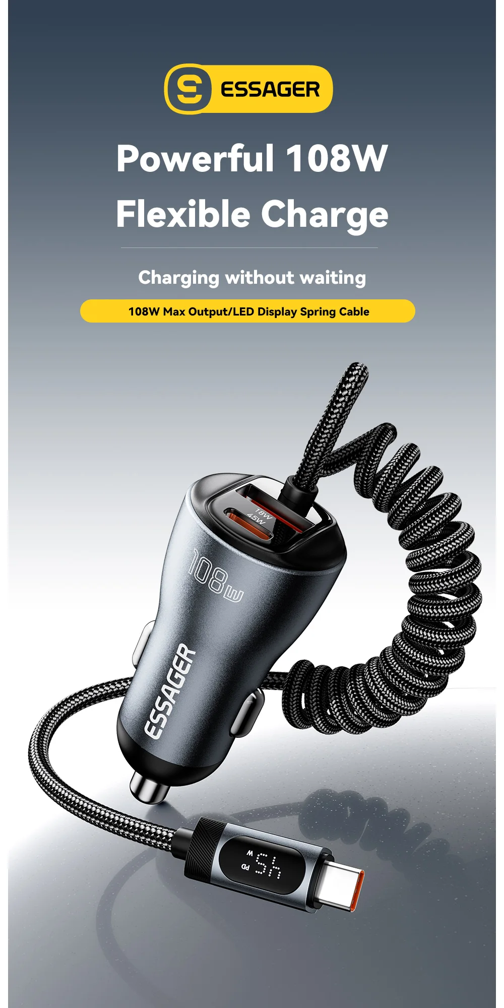 Essager 108W Car Charger with USB-C & USB-A Ports PD QC4.0 Fast Charging Digital Display Spring Cable for iPhone 17 pro MacBook