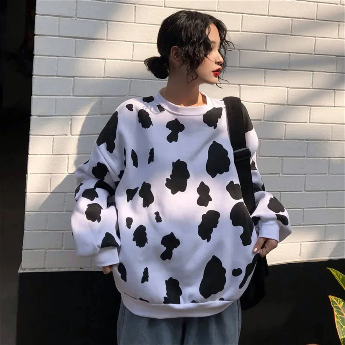 Cute Autumn Cow Milk Printed Girls Pullover Women sweatshirt Female Fashion Loose hoodie sweatshirts O-neck Hoodie Females