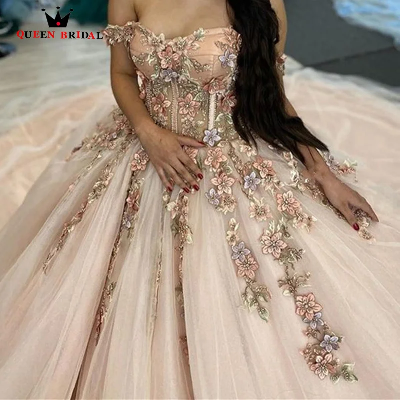 فستان وردي قبالة الكتف الكرة ثوب Quinceanera رائعة ثلاثية الأبعاد زهرة حلوة 16 vestido دي 15 anos quinceanera مخصص LJ33