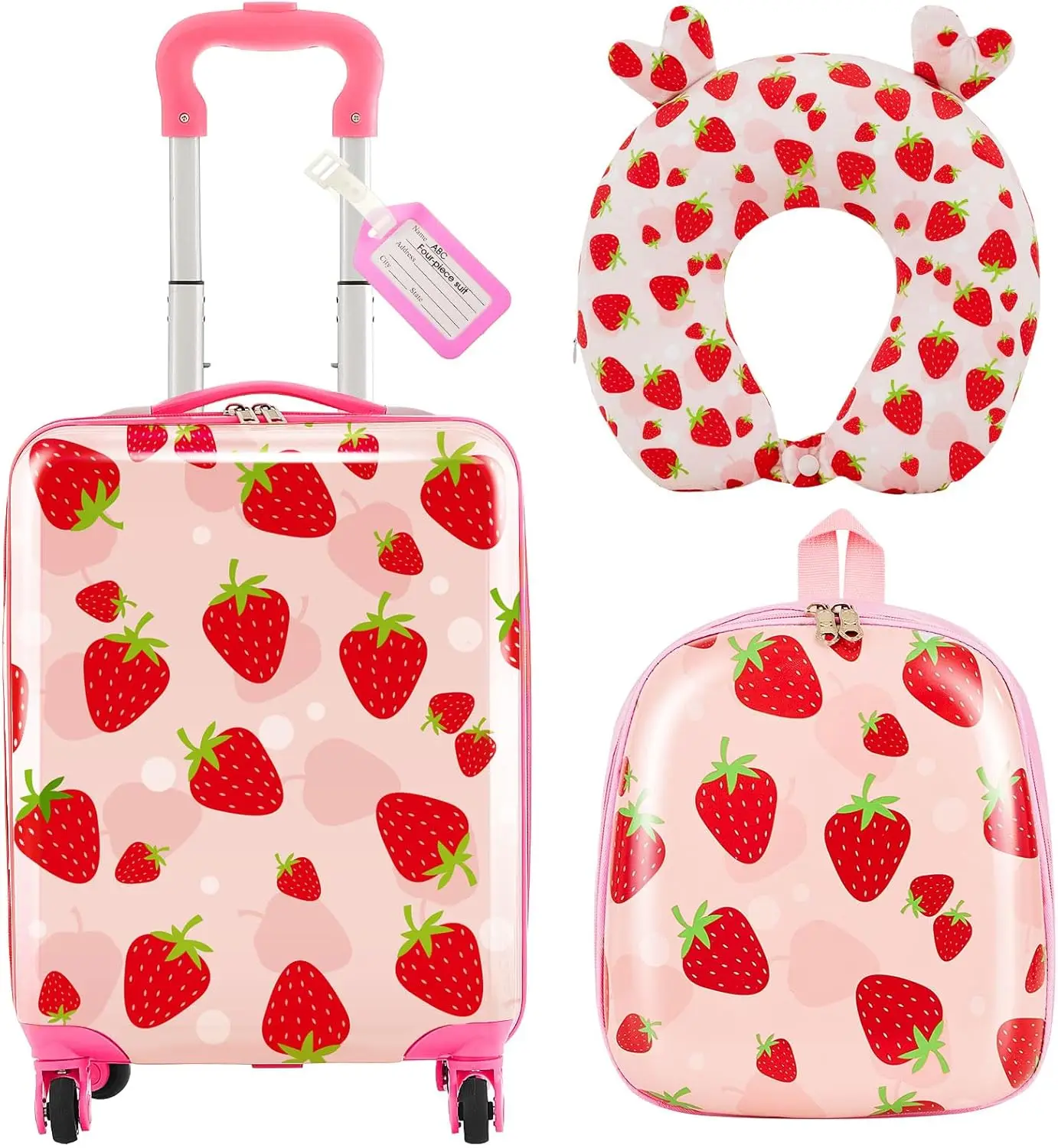 

4 Pcs Kids Luggage Set, 17' Rolling Suitcase with U-Shaped Pillow, Strawberry Style, Light Pink – Gift for Girls & Boys