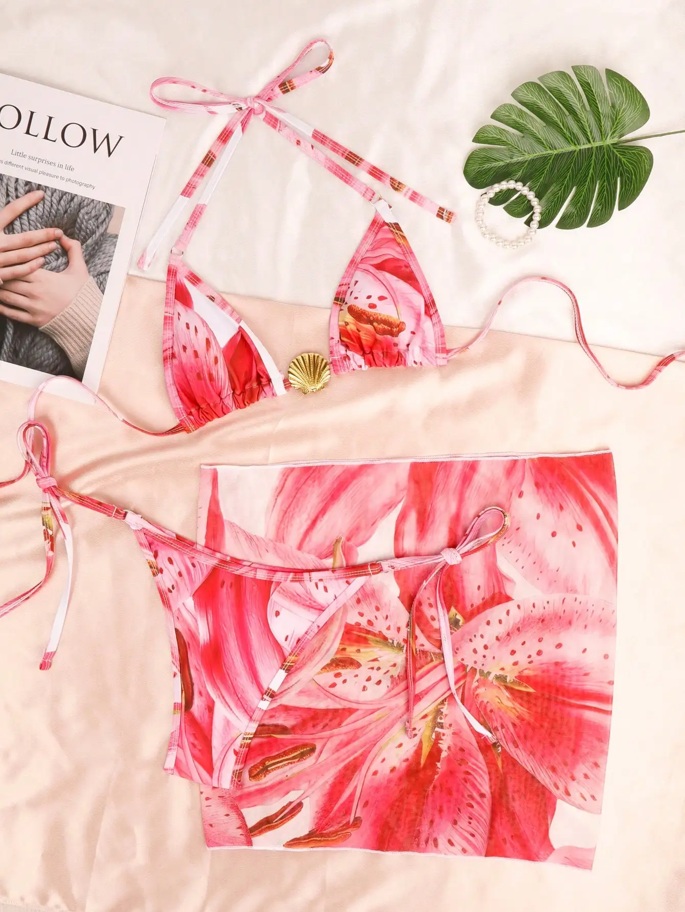 Women's 3pcs Bikini Set – Pink Floral Triangle Top, Bottom & Skirt With Shell Metal Decor, Summer Beachwear