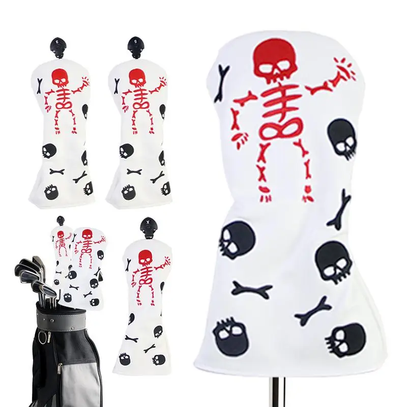 Wood Golf Club Covers 4pcs Skeleton Pattern Golf Club Head Covers Embroidery Golf Headcovers Protector Halloween Themed Driver