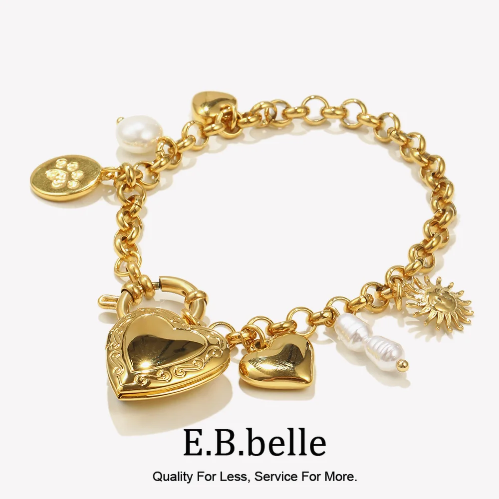 E.B.belle Unique Round Spring Buckle Sun Heart Photo Box Pendant Bracelet PVD Plated Stainless Steel Fashion Women Chic Jewelry