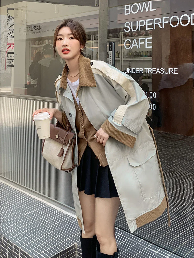 LANMREM Trench Coat Women Mid-length 2024 Spring Loose British Style Color Block Lapel Single Breasted Belt Windbreaker 2R7807