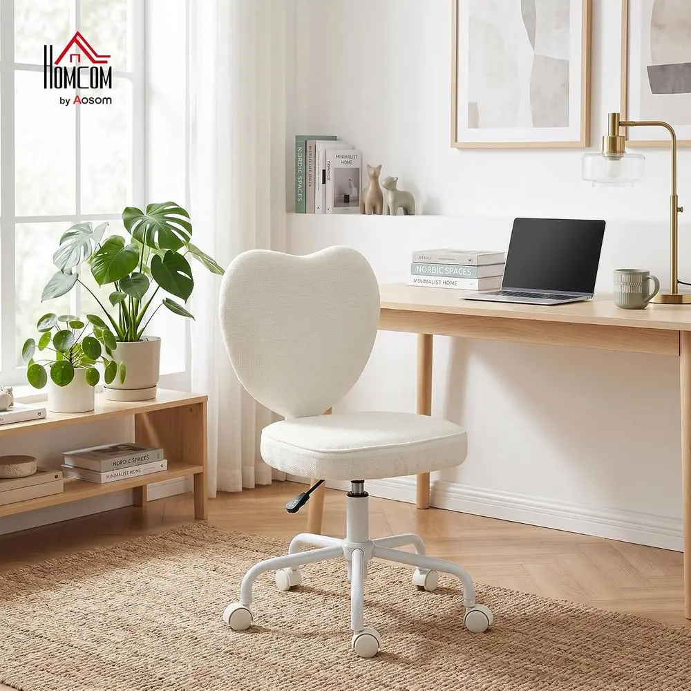 Office Chair, Fabric Makeup Vanity Chair with Heart Shape, Swivel Wheels, Height Adjustable, White