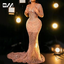 Luxury Sequined Mermaid Sexy Evening Dress Illusion Asymmetric Sleeves Glittering Prom Gown For Women Custom Made Dresses