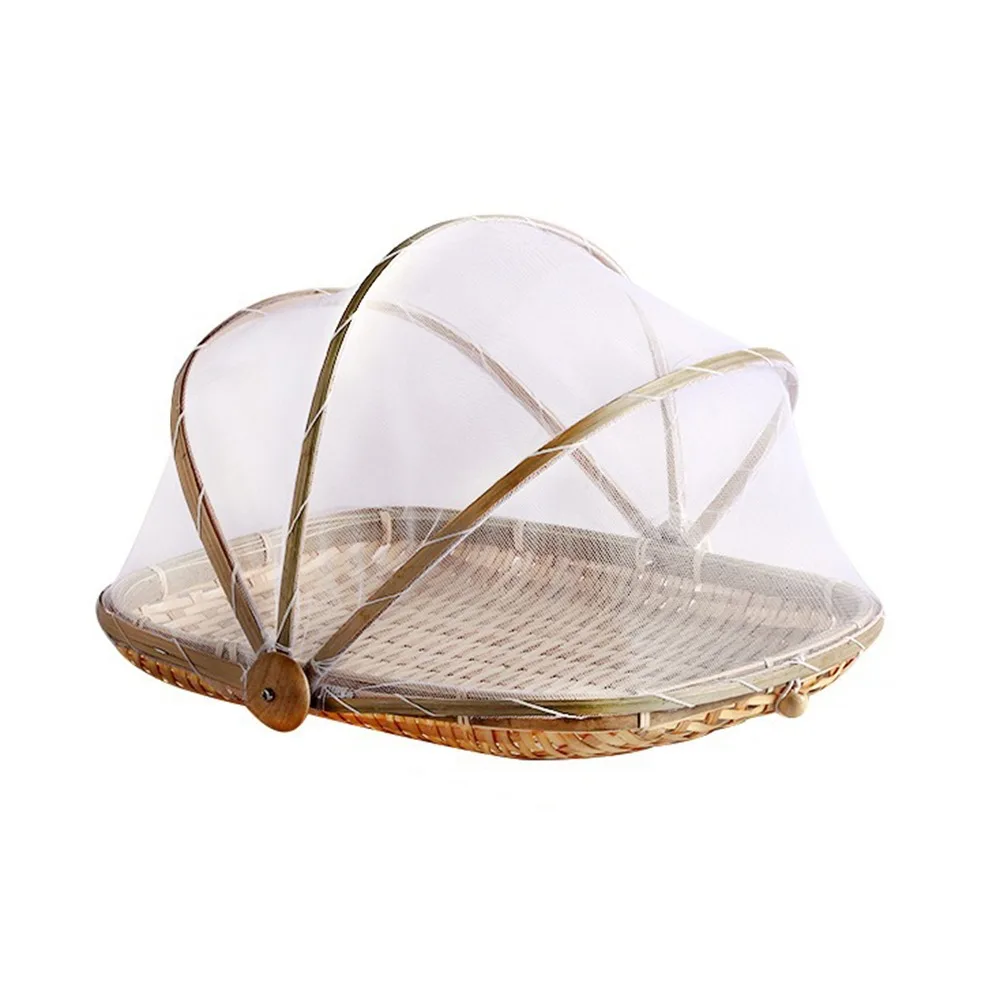 Bamboo Anti-insect Dustproof Basket Reusable with Mesh Cover Food Storage Basket Simple Multi-function Fruit Vegetable Tray