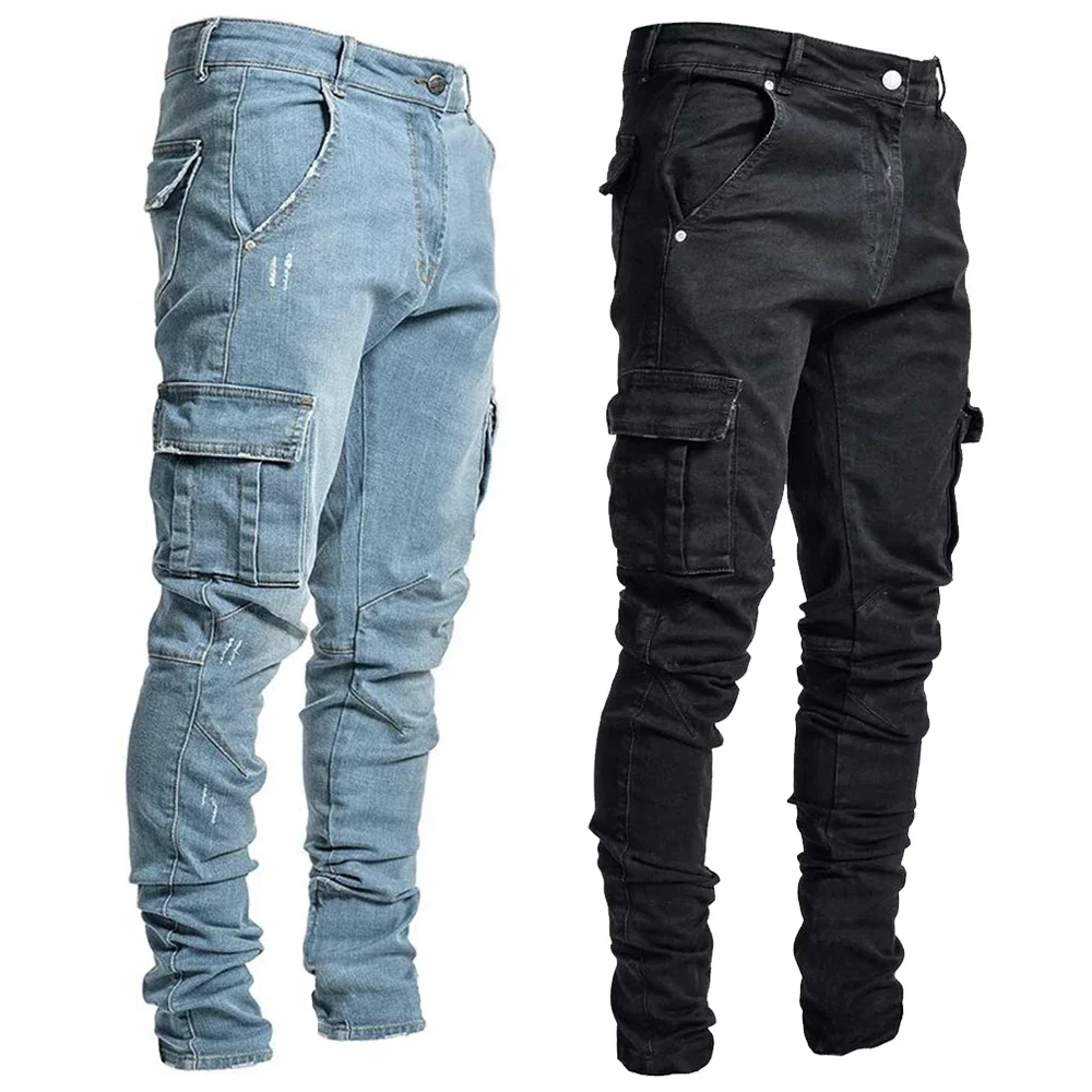 Sokak elastik kot erkekler Denim kargo pantolon yıkama düz renk çok cepler rahat orta bel pantolon Slim Fit günlük giyim Joggers