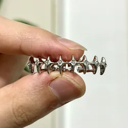RACHELZ Y2K Punk Thorns Star Chain Teeth Grillz Hip Hop Gold Silver Color Zircon Tooth Caps For Women Men Jewelry Halloween Gift