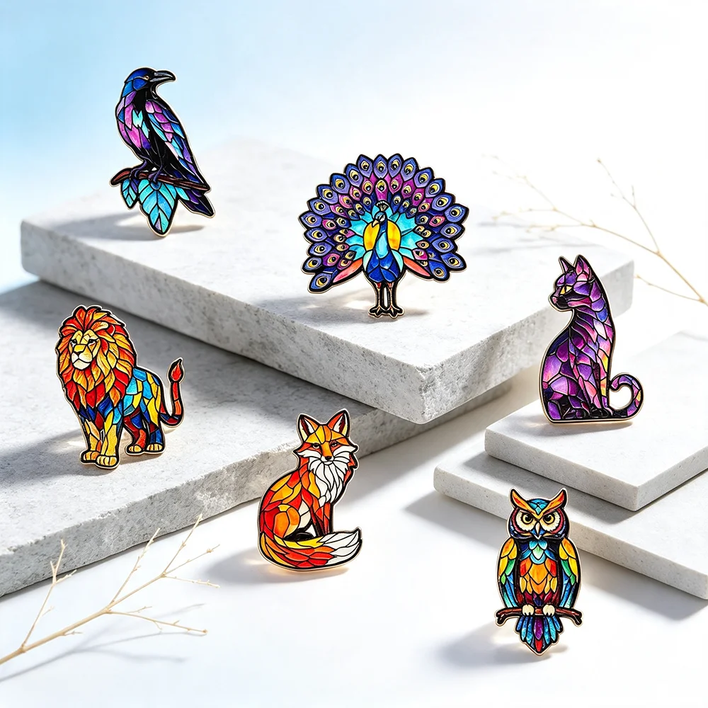 6pcs Vibrant Stained Glass Wildlife Enamel Pins Set Colorful Animal Fox Lion Metal Brooch Badges Aesthetic Bag Decorations Gift