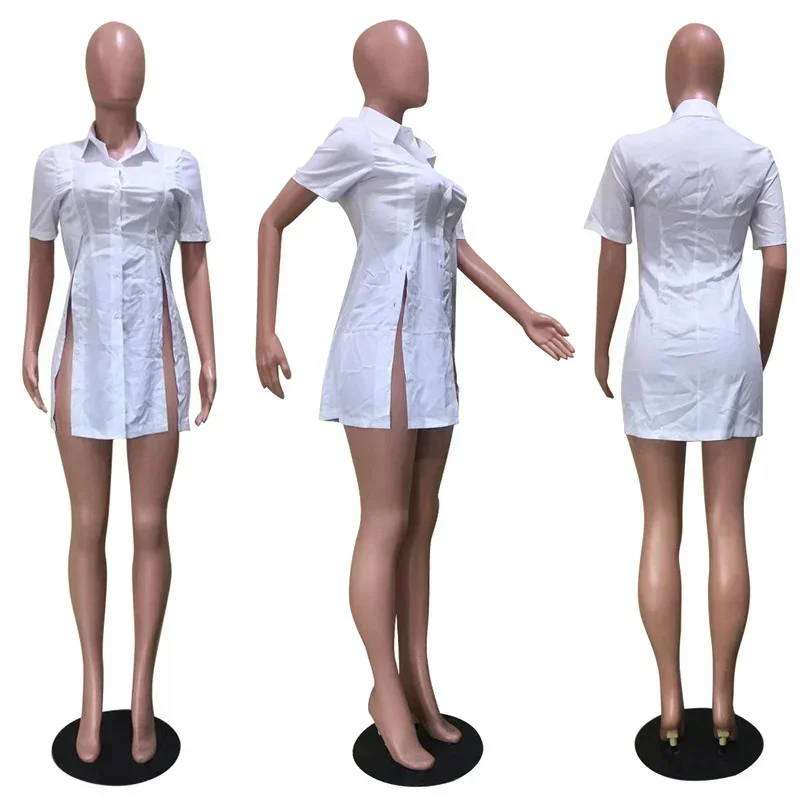 GUWU قميص واحد الصدر بدوره إلى أسفل الرقبة نمط ألف خط Bodycon قصيرة الأكمام سموك فستان المرأة 2024 الصيف سبليت الجانب فساتين