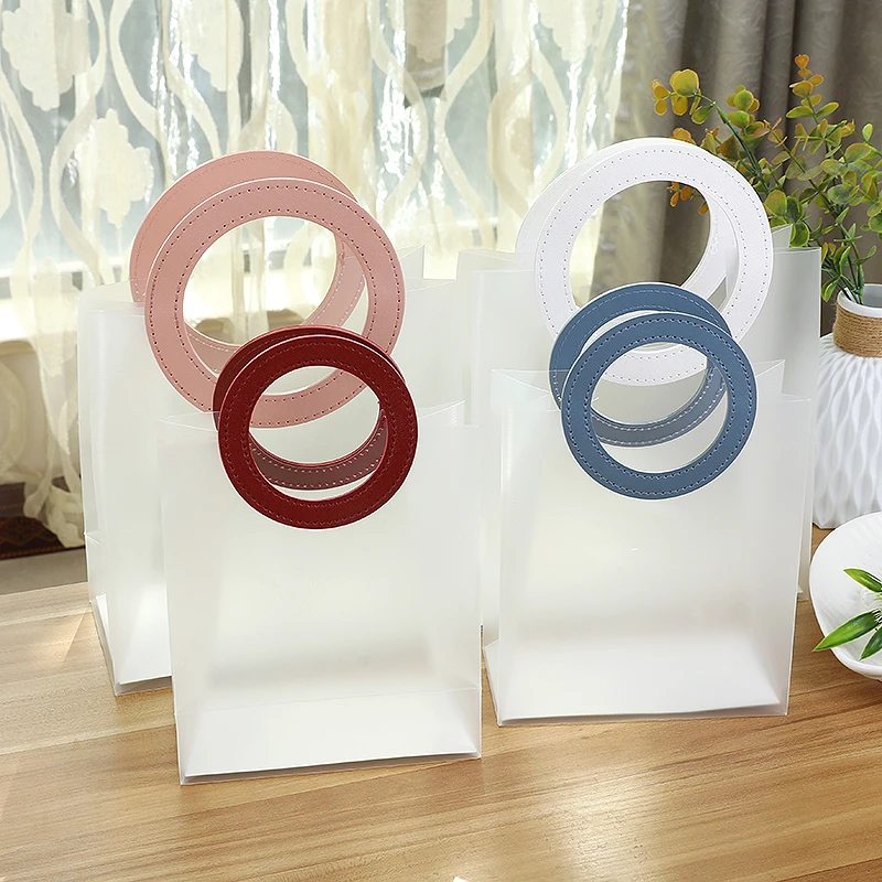 

5Pcs Portable Frosted Tote Bag With Handle PVC Plastic Handbag Party Gift Pouches Birthday Wedding Packaging Home Storage Bags ﻿