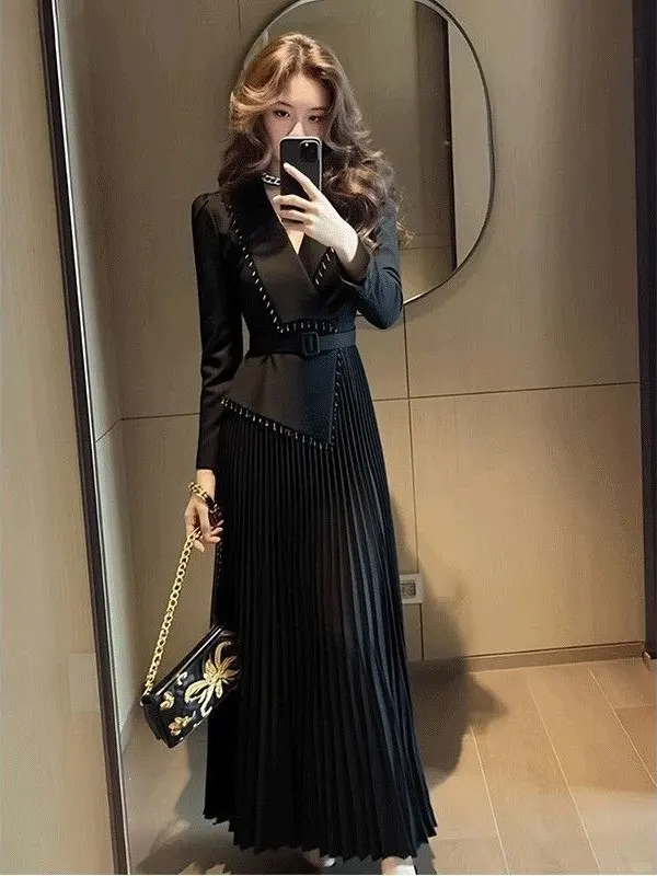 

Элегантное черное платье-обманка (имитация двух частей) в стиле Хепберн, весна 2026, новая коллекция, роскошное модное женское платье