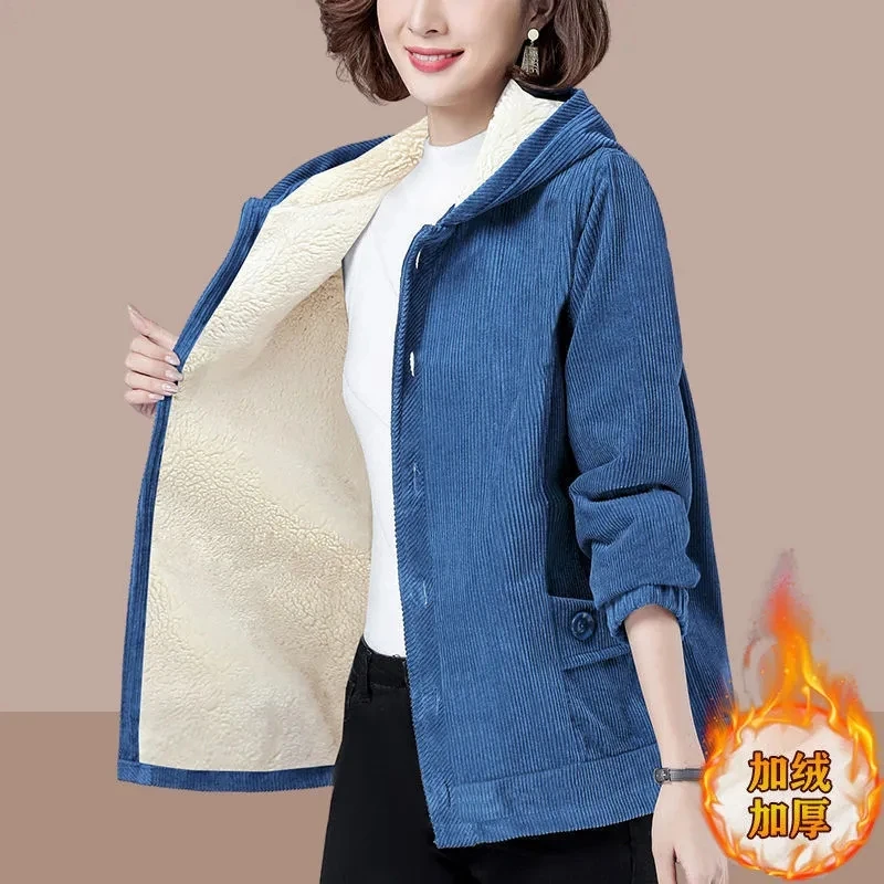 Solid Color Spring Autumn Corduroy Jacket Women's 2026 Winter Outwear Velvet Thick Simple Loose Jacket Mother  Hooded Warm Coat