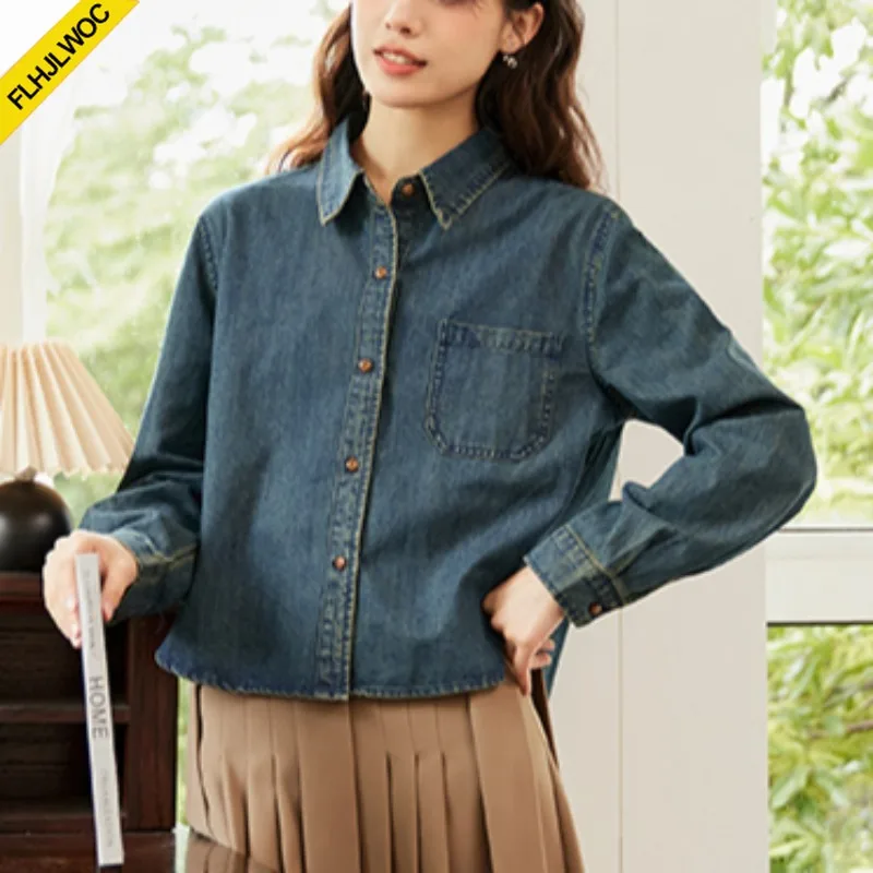 Cute Short Coats New Design Women Long Sleeve Casual Japan Girls Preppy Style Single-Breasted Button Blue Jeans Denim Shirts