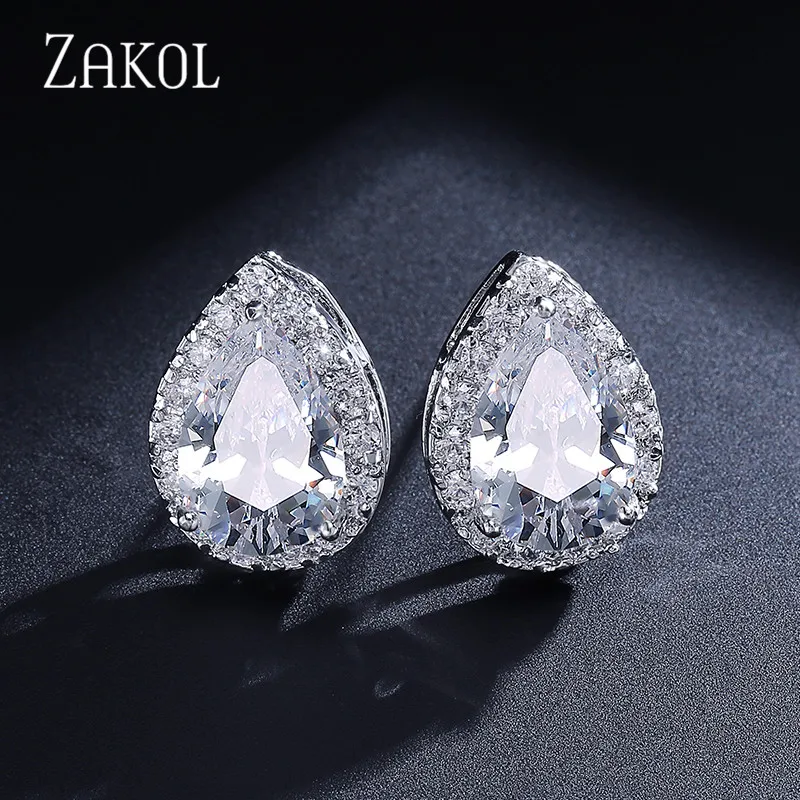 ZAKOL Shinny White Water Drop Cubic Zirconia Jewelry Sets for Women Bridal Wedding Teardrop Earrings Necklace Bracelet Set