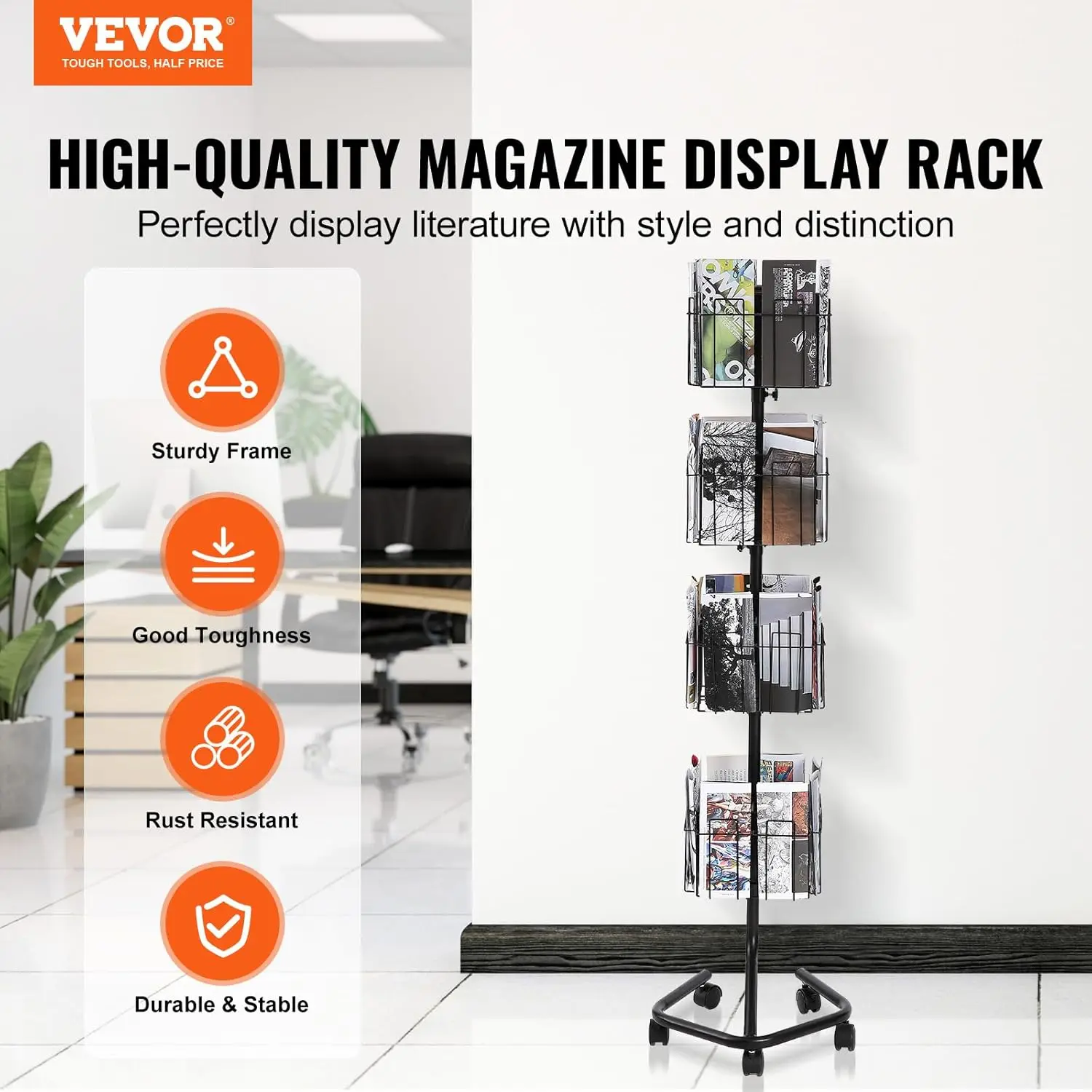 Brochure Display Rack, 4-Tier 32 Pockets Rotating Magazine Literature Display Stand for Postcards, 360° Spinning Greeting Cards