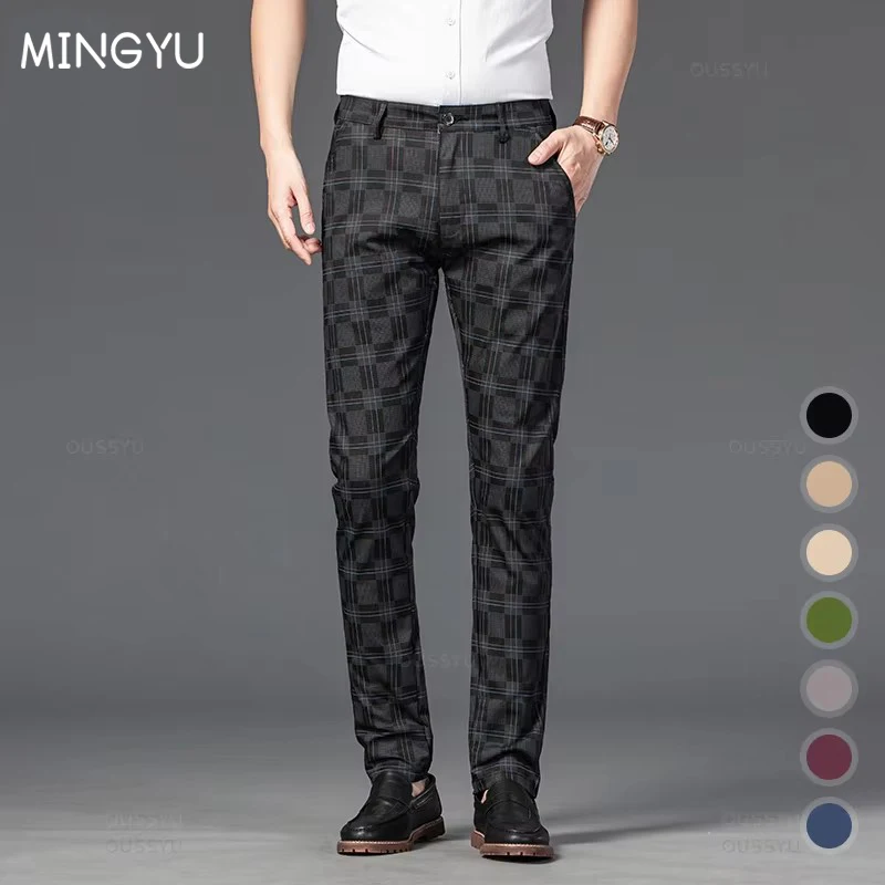 

Новинка 2024, мужские повседневные клетчатые брюки, деловые повседневные облегающие черные, синие, красные, хаки Классические Стильные брюки, Мужская брендовая Роскошная Одежда