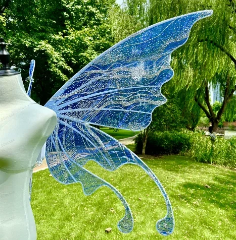 Adult Electric Blue Fairy Wings Sparkle Sequins Backpiece Remote Control Cosplay Stage Performance Prop