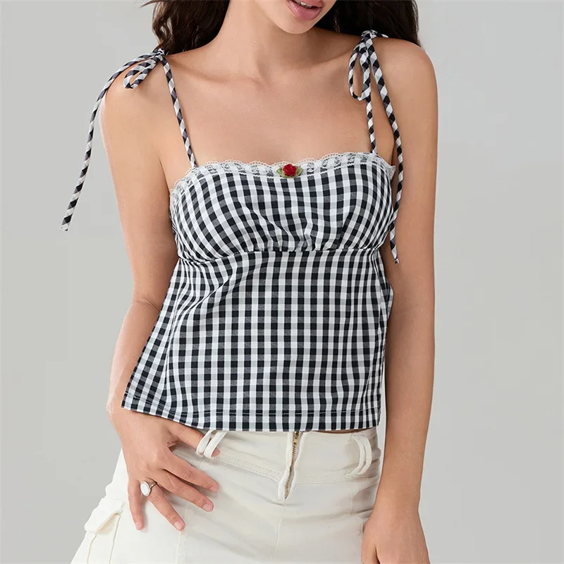 Women's Crop Camisole Slim Plaid Lace Trim Square Neck Open Back Shirred Tie-Up Spaghetti Strap Tops for Summer