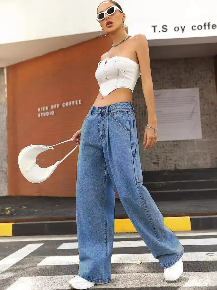 Celana Jeans Wanita High Waist Longgar Kasual, Model Slimming, Bahan Katun Twill, Musim Gugur, Tanpa Stretch, Nyaman Dipakai