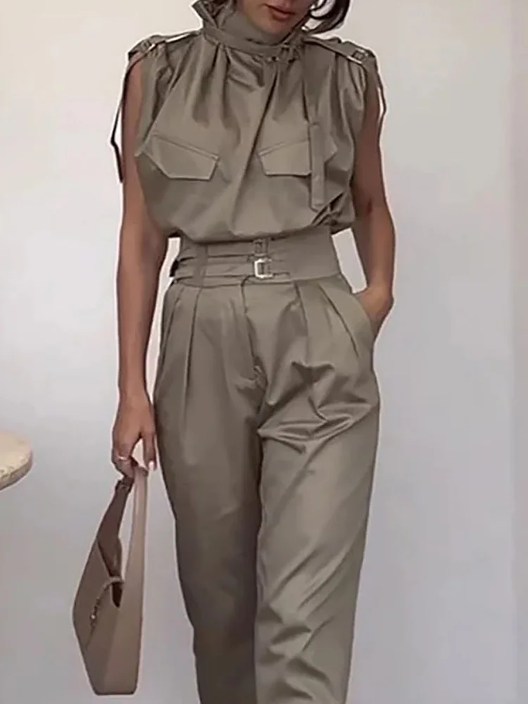 Summer Women Turtleneck Patchwork Outfit, Pullover Top Cargo Pants Chic Matching Sets, 2025 Pocket Fashion Simple Ladies Suits