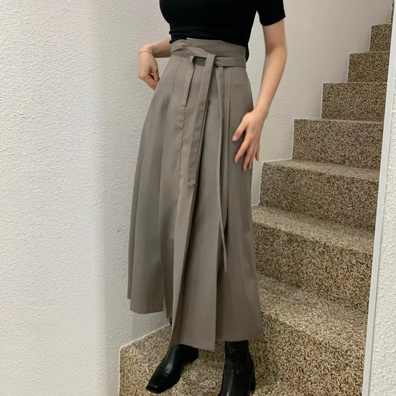 Ele Spring High Waist Banded Long Skirt Pure Color Oversized Design Korean Sle Commute A-Line Midi Skirt