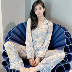 Monet Garden Style Sense Of Design Ice Silk Printed Comfort Pajama Women Household Clothes Suit Women's Outer Wear Pyjamas Set