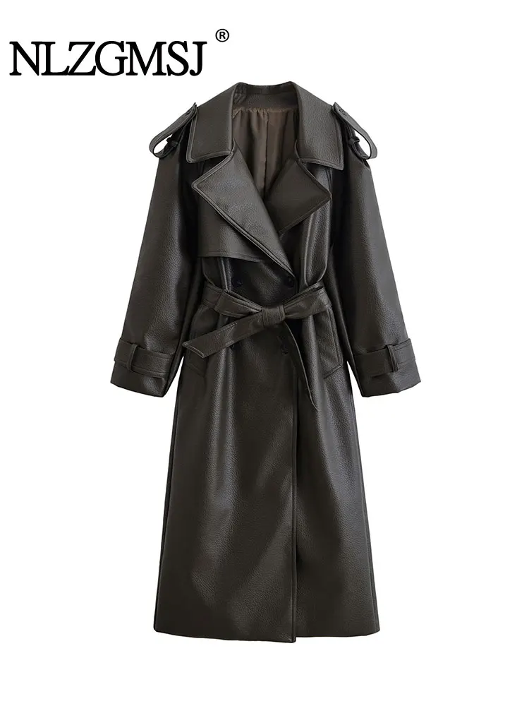 

NLZGMSJ с поясом, женское свободное пальто, 2024, зимний плащ из искусственной кожи, куртка средней длины с длинными рукавами, женская верхняя одежда Y2K