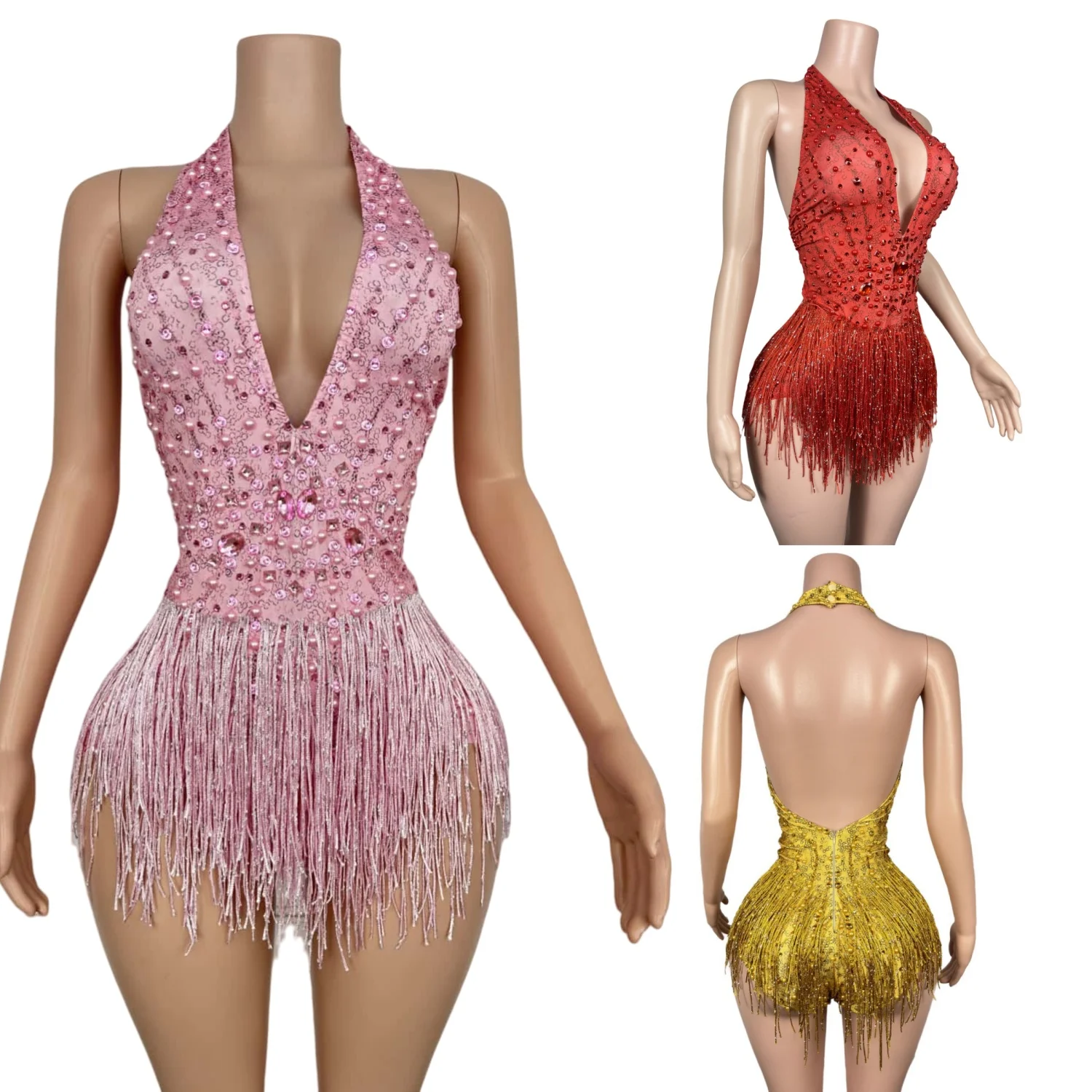 Body Sexy dos nu, décolleté en v profond, strass brillants, cristal, épicé, robe de soirée pour filles, vêtements de spectacle de danse en Club, Guabo