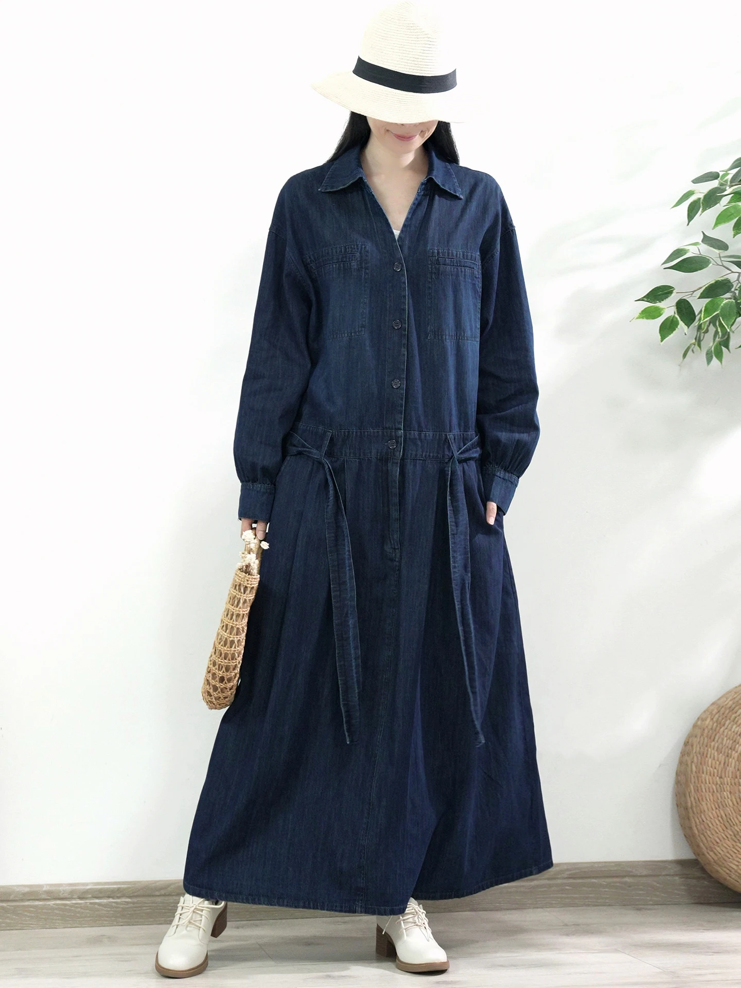 TIYIHAILEY-Long Maxi Single Breasted Denim Dress for Women Long Sleeve Vintage New 2025 Turn Down Collar With Belt Spring Slit