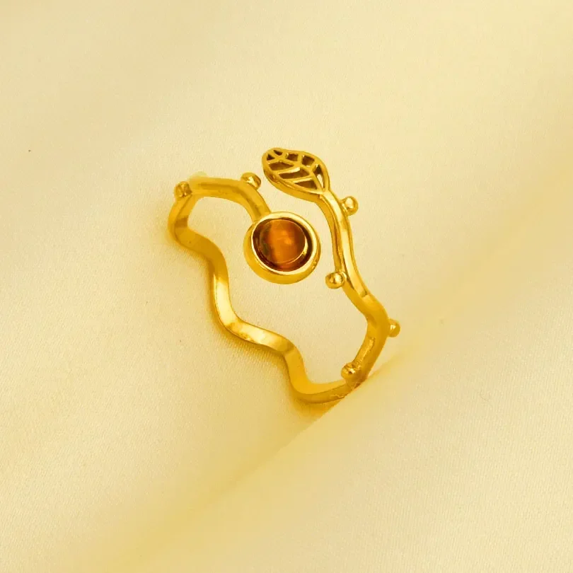 1pc New Retro Bohemia Stainless Steel Brown Tiger Stone Ring Gold Color Originality Sun Oval Peach Heart Adjustable Accessories