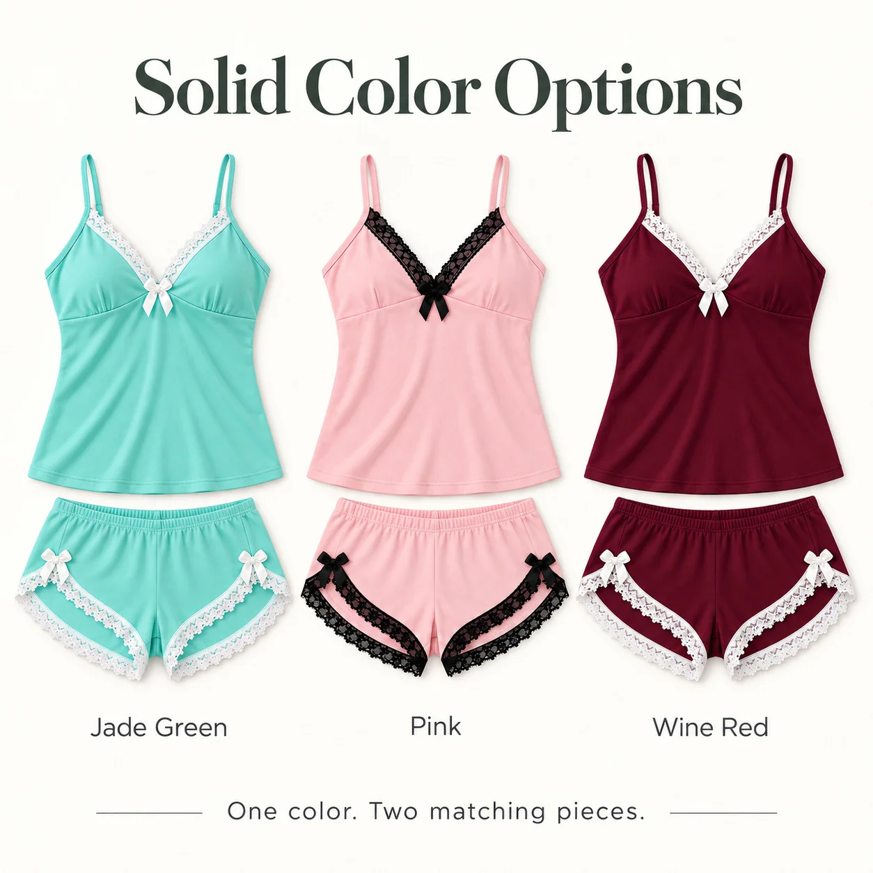 Women's Lace Trim Camisole Shorts Pajama Set, V Neck Bow Detail Sleeveless Two Piece Sleepwear in Solid and Printed Colors gallery 3