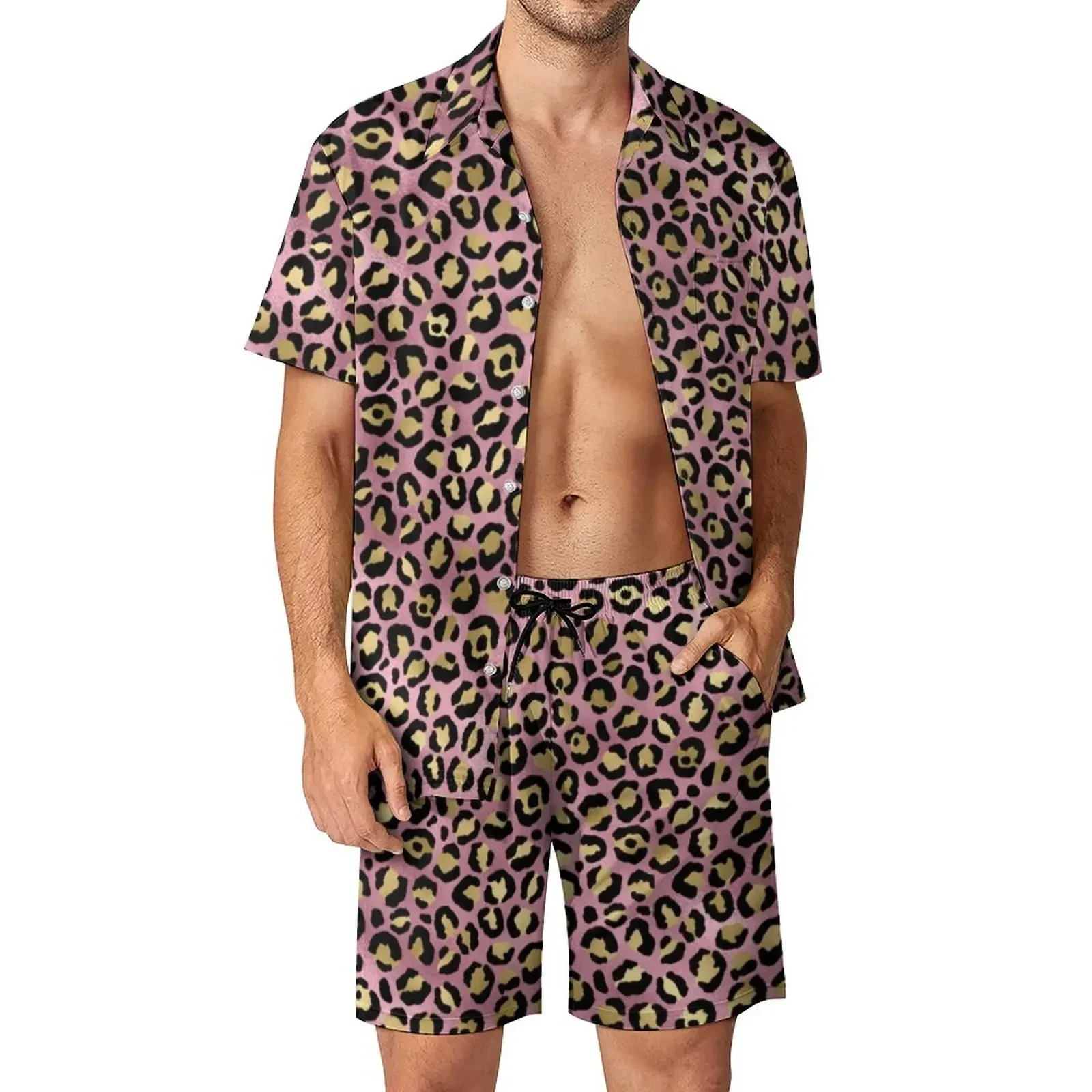 Shirt Met Luipaard Dierenpatroon 2 Stuks Sets 3d Heren Casual Mouwen Oversized Strandshorts Hawaiiaanse Streetwear-Pakken