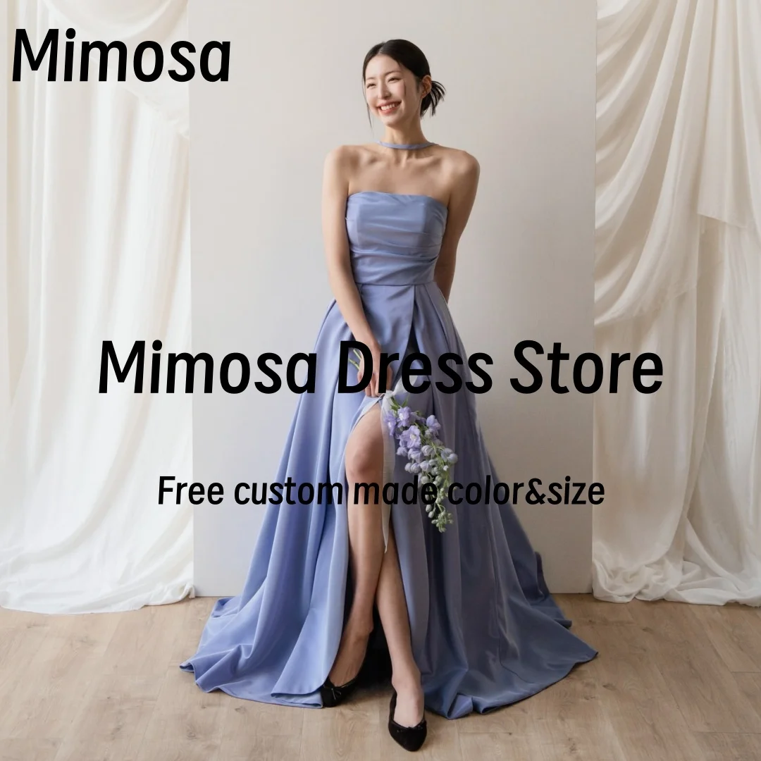 Mimosa Korea Prom Dresses Strapless Lace Up Back Bridesmaid Dress for Weddings Side Slit Ruched Evening Party Gowns Customized