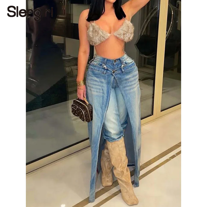 

Slergiri Vintage Patchwork Distressed Straight Leg Jeans Women Fashion New 2026 Spring High Waist Loose Two-piece Wide Leg Pants