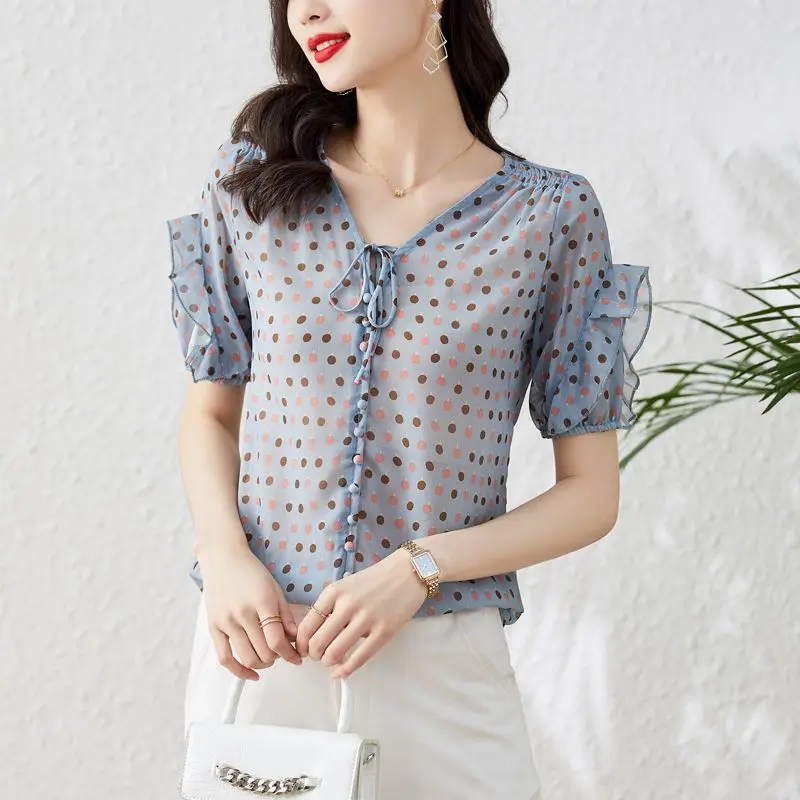 

Fashion Printed Shirring Lace Up Bow Ruffles Polka Dot Blouse Women's Clothing 2023 Summer New Casual Tops Office Lady Shirt