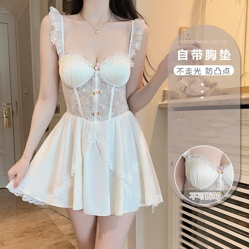 

Nightdress Sexy Patchwork Mesh Chemise Sleepwear Summer Women Satin Suspender Nightgown Loose Home Dressing Gown