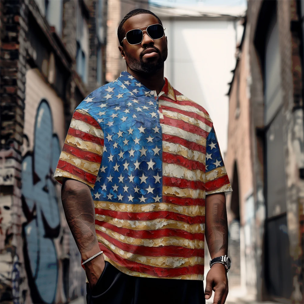

Large men's summer short sleeved lapel Dark Yellow Stars and stripes color matching short sleeve Daily casual button polo shirt