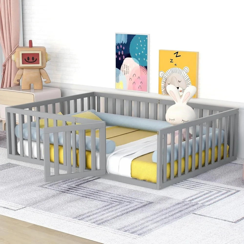 

Children's floor bed with fence and door, beds for children, girls, and boys, Montessori Floor Bed gray, children's bedroom bed